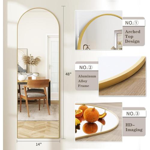 Arched Full Length Door Mirror 14x48, Metal Frame with Protective Film, No-Drilling Hanging or Wall Mount, Hooks & Hardware Included, Full Body Mirror for Bedroom, Dorm, Gold