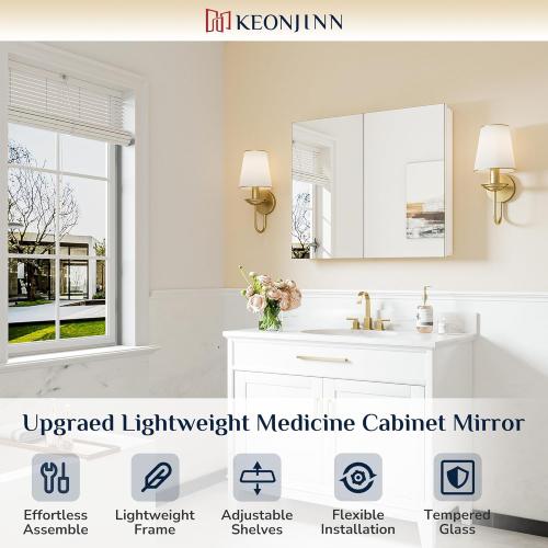 Keonjinn 30 x 26 Inch White Medicine Cabinet Mirror, Assembly Needed, in Wall Medicine Cabinets for Bathroom, Lightweight, Adjustable Shelves, Tempered Glass, Soft Closing, Recessed or Wall Mount