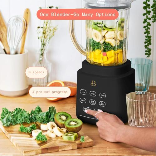 B PowerExact High-Performance 700-Watt Blender by Drew Barrymore, 50-Ounce Pitcher, Stainless 4-Tip Blade, 3 Speeds   4 Presets, Dishwasher-Safe Parts, Travel Cup Included (Black Sesame)