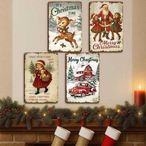 4 Pcs Vintage Christmas Wall Sign Metal Red Truck Little Girl Plaque Sign Decorations Santa Claus Elk Wall Art for Home Coffee Shop Retro Christmas Decor, 8 x 12 Inch