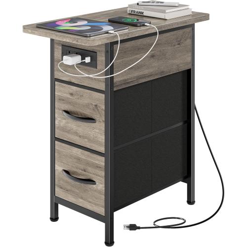 Huuger Narrow End Table with Charging Station, Side Table with 2 Drawers