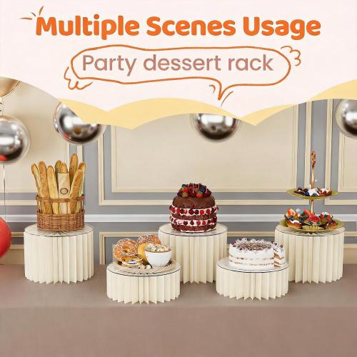 HeiMma 6 Pack Buffet Risers, Foldable Accordion Food Display Risers with Acrylic Disc, Dessert Table Display Set, Cardboard Paper Cupcake Cake Stand for Party Cylinder Stands for Parties Drink Collectibles Jewelry Figures, White