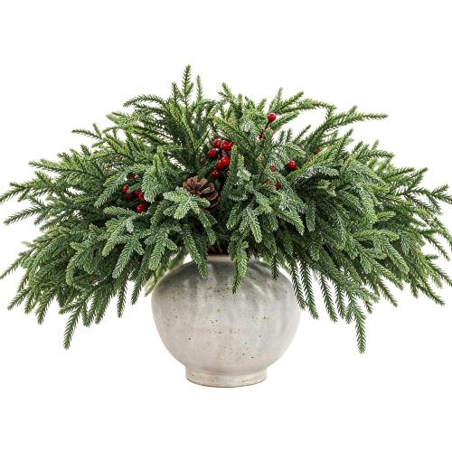 24 Pcs 18 Inch Real Touch Norfolk Pine Branches Christmas Greenery Stems with Pinecones & Red Berries for Christmas Decorations