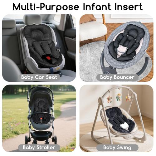 Infant Car Seat Insert for Newborn Girls Boys, Summer Mesh Baby Carseat Head Support with Strap Pads, Soft Reversible Baby Car Seat Insert Cushion Pad for Car Seat, Stroller, Bouncer, Swing, Black