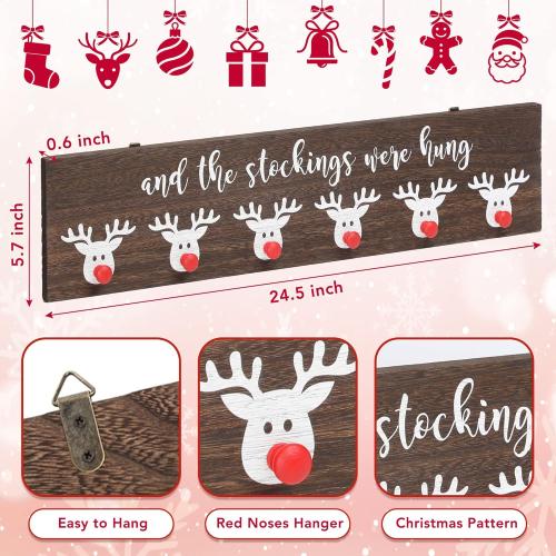 Christmas Stocking Wall Hanger The Stocking were Hung with 6 Red Nose Hooks Wood Christmas Stocking Rack Wall Mount Sign for Mantle Fireplace (Reindeer)