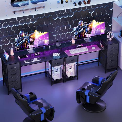 55 Inch Computer Gaming Desk with Power Outlets LED Lights Reversible Home Office with Adjustable Fabric Storage Drawers for Working Writing Study, Black