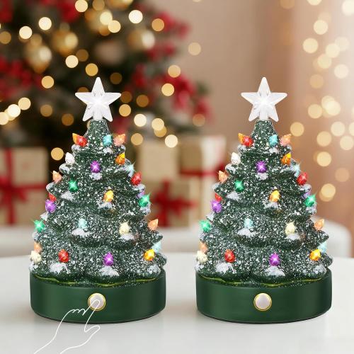 Brightever Set of 2 Small Christmas Tree Touch Control Night Lights - 7H Shatterproof Snowflake Xmas Tree Table Lamp USB Rechargeable for Vintage Christmas Decor, DIY White/Gold Star Toppers Included