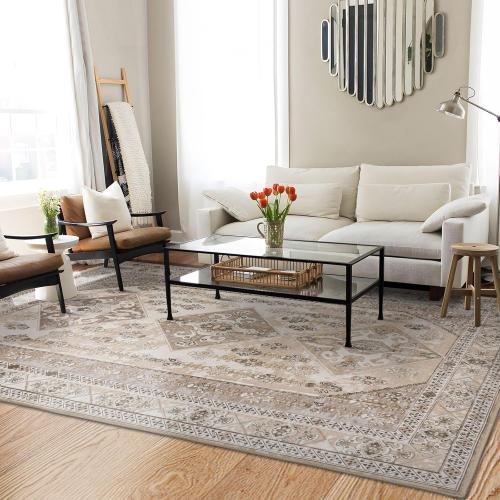 Rineflo-9'x12' Area Rugs,Machine Washable Rug for Living Room Dinner Room Bedroom,Bohemian Style Soft Non Slip Rug Carpet,Oriental Vintage Low Pile Large Area Rug(Brown, 9'x12')