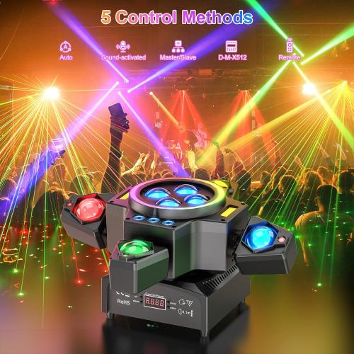Moving Head DJ Lights,120W Party Light 4 Arm RGBW 4-in-1 Bee-Eyes Beam/Wash/Red Green Starry Sky Golden Strobe Halo Ring Effect Light,Sound-Active/DMX/Remote Control for Party Club Stage Show