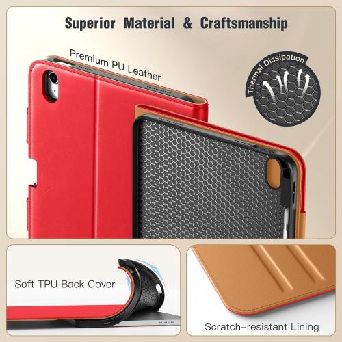 MoKo for iPad A16 Case 11-inch, iPad 11th/10th Generation Case (2025/2022) with Pencil Holder & Pocket, Premium Leather Folio Stand Cover, Multiple Viewing Angles, Water Red