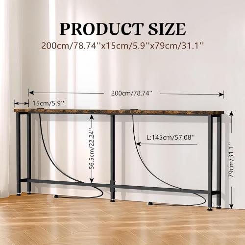 GRLEAF 78 Sofa Table with Built-in Power Strip (4 AC Outlets & 4 USB Ports) – 4.9ft Power Cord, Metal Frame, Easy Assembly, Long Couch Table Behind Sofa, Living Room and Home Office | Rustic Brown