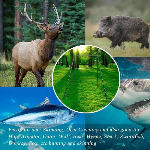 HSW Black Steel Game Hunting Hoist Rack, 500lb Capacity Deer Game Hanger Hoist, Heavy Duty Convenient Freehand Installation Support Stand for Field Processing (Black)