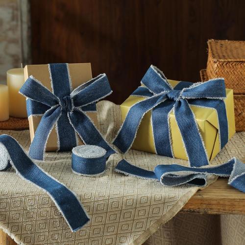 Pretty Jolly Blue Denim Ribbon for Crafts Handmade Rustic Frayed Cotton Jean Fabric Ribbon for Flower Bouquet 15 Yards 1 Inch Cloth Ribbons for Gift Wrapping Hair Sewing Accessories Holiday Decor