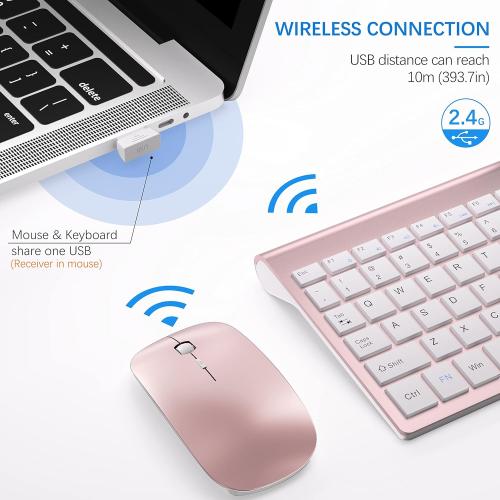 Wireless Keyboard and Mouse Ultra Slim Combo, TopMate 2.4G Silent Compact USB 2400DPI Mouse and Scissor Switch Keyboard Set with Cover, Batteries Included, for PC/Laptop/Windows/Mac - Rose Gold White