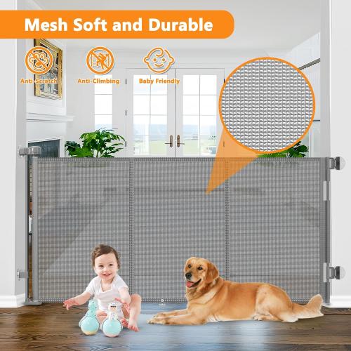 Size 55 Color Grey Reinforced No Drill Retractable Baby Gates for Dogs No Drilling Mesh Dog Gate with Support Rod to Prevent Crawling Underneath, 55 Wide Retractable Dog Gate for Stairs No Drilling Retractable Pet Gate