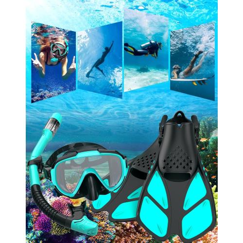 Snorkeling Gear for Adults Men Women,4 in 1 Snorkel Set with Panoramic View Diving Mask Anti-Fog Anti-Leak,Dry Top Snorkel,Fins and Travel Bag for Swimming,Snorkeling and Travel Diving