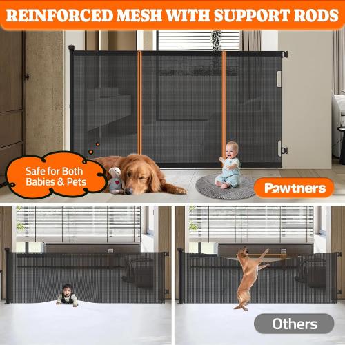 Pawtners Retractable Baby Gates Extra Wide, Dog Gate Indoor with Cat Door for Stairs, Pet Gate with Support Rods for Doorways Hallways Indoor & Outdoor,51 Tall x 200 Wide