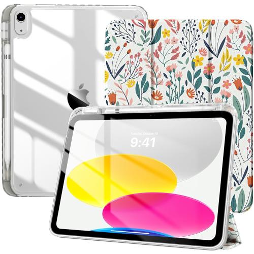 TiMOVO Case for iPad (A16) 11th Generation 11 Inch 2025, iPad 10th Generation Case 10.9 Inch 2022 with Pencil Holder,Slim Protective Cover with Clear Back Shell,Auto Wake/Sleep, Flowers