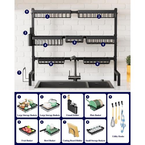Kitsure Over The Sink Dish Drying Rack - 31.5 to 39.4 x 30.3, Adjustable Sink Drying Rack for Kitchen Sink with Multifunctional Baskets, Black