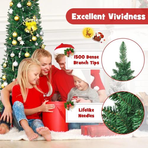 7.5ft Artificial Pencil Christmas Tree, Unlit Slim Xmas Pine Tree w/ Branch Tips, Metal Foldable Base, Ideal for Holiday Home Office Party Decor, Green