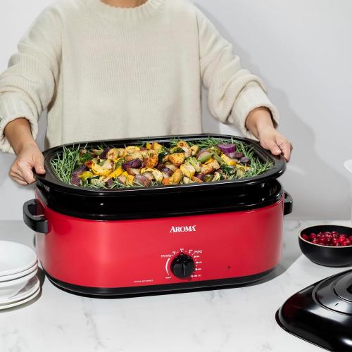 AROMA 18Qt. Roaster Oven with Self-Basting Lid, Fits 22-lb. Turkey, Adjustable Temperature Settings, Keep Warm Setting, Red