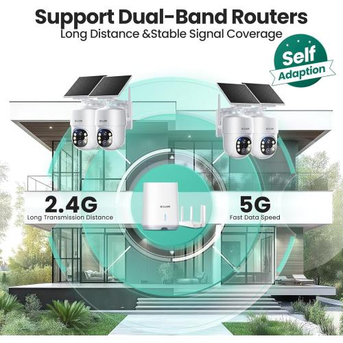 SOLIOM- 5MP Security Cameras Wireless Outdoor, No Subscription,4-Cam Pack, Solar Powered Home Security Camera with 360° Auto Tracking, Pan & Tilt, 3K Color Night Vision,5G & 2.4G Router Compatible