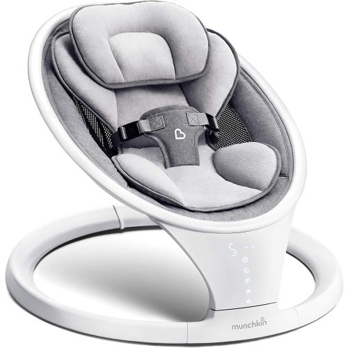 Munchkin Electric Baby Swing, Portable and Lightweight, Bluetooth Enabled Infant Rocker with Natural Sway in 5 Ranges of Motion, Newborn Nursery Essentials, White/Grey