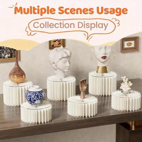 HeiMma 6 Pack Buffet Risers, Foldable Accordion Food Display Risers with Acrylic Disc, Dessert Table Display Set, Cardboard Paper Cupcake Cake Stand for Party Cylinder Stands for Parties Drink Collectibles Jewelry Figures, White