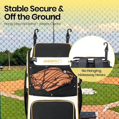 Fanwoli Leather Rolling Baseball Bag - Youth Softball Bag with Wheels for Boys Girls - Rain Cover & Mud Guard for Clean Car - Premium 4-Bat Tournament Roller - Large Equipment Organizer