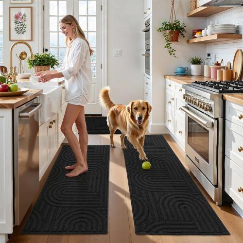 Kitchen Rugs and Mats Set of 3, Non Skid Washable Black Geometric Kitchen Mats for Floor, Absorbent and Stain Resistant Floor Mat for Laundry,