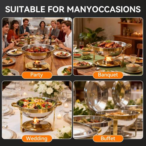 6QT Gold Chafing Dishes for Buffet, 304 Stainless Steel Food Pan with Lid, Round Chafing Dish Buffet Set of 4 Pack Food Warmer, Food Warmers for Parties Buffet Catering Events Dinners