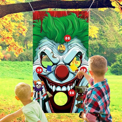 Halloween Carnival Party Games, Clown Toss Games Banner with 4 Bean Bags Set for Indoor Outdoor Toss Across Game for Boys Girls Birthday Party Supplies Decoration Hanging Banner Throwing Game