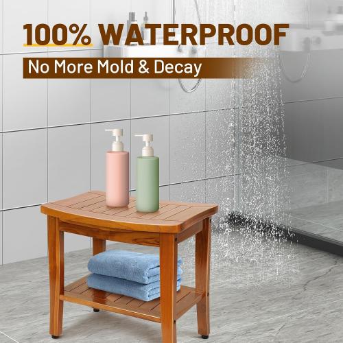 20 Premium Teak Shower Bench with Shelf & Handle, Solid Teak Shower Stool, Durable Wooden Waterproof Seat for Inside Shower, Teak Wood Bench for Bathroom, Indoor & Outdoor Use