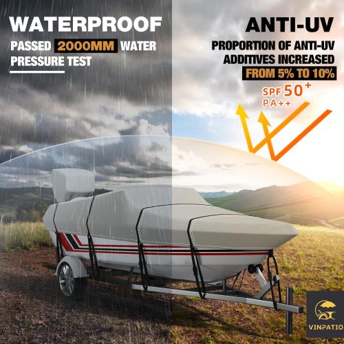Light Grey Trailerable Boat Cover, 600D Solution-Dyed Bass Boat Cover, Heavy Duty 100% Waterproof Boat Covers Fits V-Hull Runabout Fishing Ski Pro-Style Bass Boats