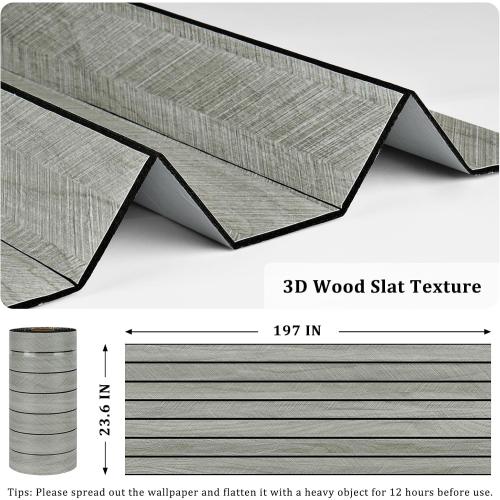 Grey Wood Grain Slat Panels for Interior Wall Decor 197x23.6 Peel and Stick 3D Textured Fluted Wood Panels Self Adhesive Acoustic Wooden Paneling Wallpaper for Bedroom Living Room Studio