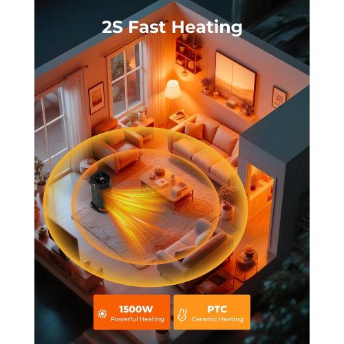 Portable Electric Space Heater - 1500W PTC Ceramic Fast Safety Heat Heaters with Remote, Timer, 70° Swing, LED Display and Child Lock for Office Bedroom Home Indoor Use