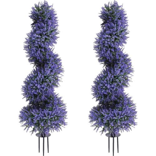 PATIO CHOICE 3ft Artificial Topiary Spiral Trees with Lavender Set of 2 High End Outdoor Faux Plants Realistic Fake Bushes Lilac Shrubs Decorations for Outdoor Front Porch Garden