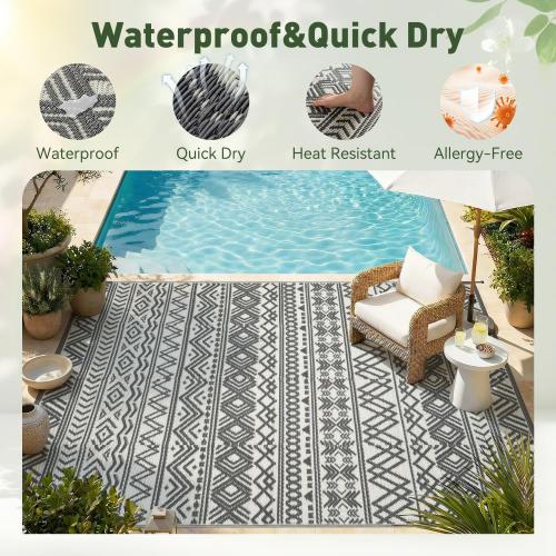 MontVoo Outdoor Rug Carpet Waterproof 5x8 Outdoor Patio Rug Mat Reverisble Plastic Straw Outdoor Rug for RV Camping Picnic Beach Balcony Boho Grey