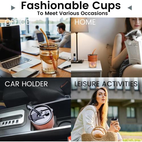 Iced Coffee Cup, 15 oz Glass Cups With Lids And Straws, Iced Coffee Glasses Tumbler, Thick Wall Mug For Tea Water With 2 Straw And Leather Sleeve, Glass Tumbler Gifts