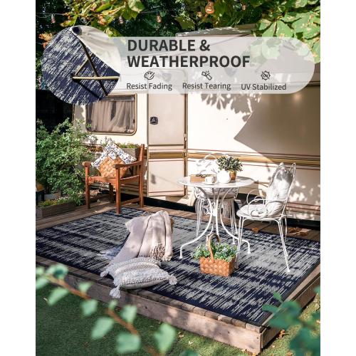 MontVoo Outdoor Rug Waterproof 8x10 ft Outdoor Carpet Patio Rug Mat Reversible RV Camping Rug Plastic Straw Outside Rug for Balcony Porch Deck Picnic Beach Modern Navy