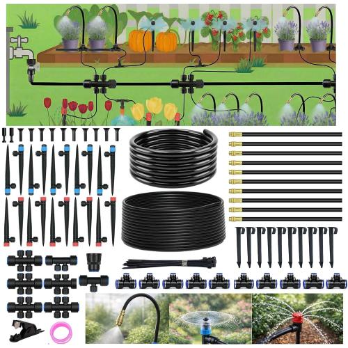 240FT Drip Irrigation System for Garden: Quick Connect 1/2 OD 5/16 ID PE Main Tubing Automatic Sprinkler Kit Adjustable Misting Part 1/4 Watering Hose for Outdoor Raised Bed Plants Flower Yard
