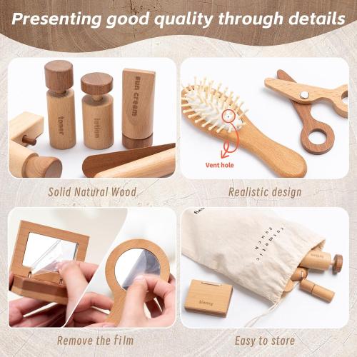 11-Piece Wooden Makeup Toy Set for Girls, Pretend Play Makeup Kit for Toddlers & Kids with Mirror, Lipstick, Hair Straightener & Storage Bag, Christmas Birthday Present for Ages 3-6 Years Old