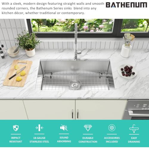 30-inch Undermount Single Bowel Kitchen Sink, Handmade 16 Gauge Stainless Steel Kitchen Sink 30  x 18 Deep Sink with Drain Kit and Bottom Grid, Brushed