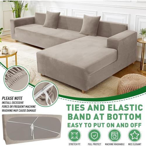 ZNSAYOTX 2026 Soft Velvet Sectional Couch Covers, Luxury Plush Slipcovers with Elastic Bottom for L Shape Sectional Sofa, 2 Pcs Pet Friendly Protector (3 Seat Couch   3 Seat Chaise, Khaki)