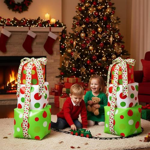 2 Pcs 3 ft Christmas Inflatable Gift Box Decorations, PVC Xmas Gift Box for Holiday Indoor Outdoor Yard Garden Lawn Photo Props