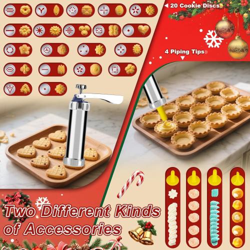 Upgraded Cookie Press Gun, Stainless Steel Spritz Cookies Press Kit With 20 Discs 4 Tips, Food-Grade Baking Machine for DIY Christmas Cookies Maker, Cake Decorating And Holiday Parties