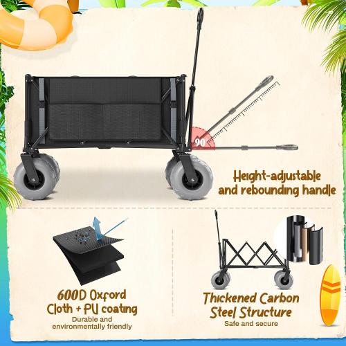Beach Wagon with Big Wheels for Sand Heavy Duty Collapsible Wagon with 9 All Terrain Inflatable Tires, Foldable Beach Cart for Camping Outdoor Grocery Shopping Garden Sports