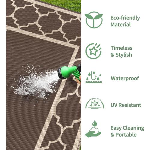GENIMO 9' x 12' Outdoor Rug Waterproof for Patio Decor, Foldable Reversible Plastic Straw Area Rugs Mat for Camper, Outside Carpet for Rv, Deck, Porch, Picnic, Beach, Balcony, Coffee & Beige