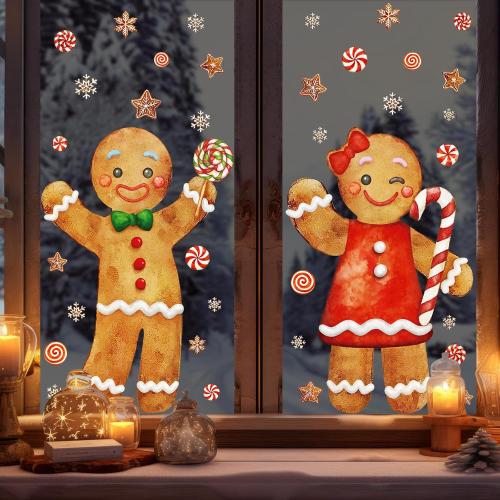 Ivenf Christmas Window Clings Decorations: 2 Sheets Extra Large Gingerbread Man Couple Window Stickers, Cute Gingerbread Peppermint Candy Canes Snowflake Decals for Home Office Holiday Party Décor