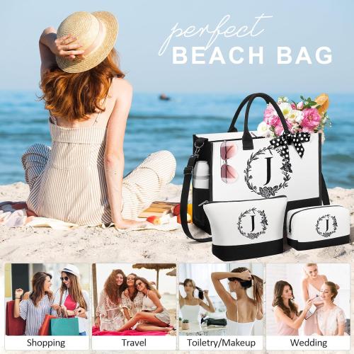 Personalized Christmas Gifts for Women, Initial Canvas Tote Bag & Makeup Bag Monogrammed Beach Tote Bags for Women w/Zipper, Birthday Gifts for Mom Her Sister Friend Girlfriend Wife Daughter Teacher